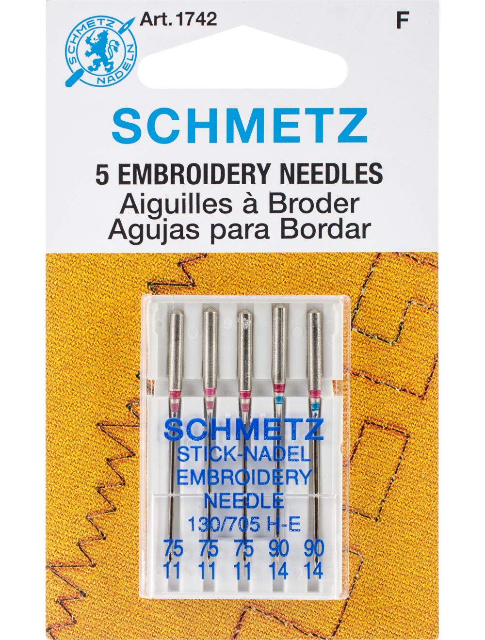 Schmetz Embroidery Machine Needles-Sizes 11/75 (3) & 14/90 (2)